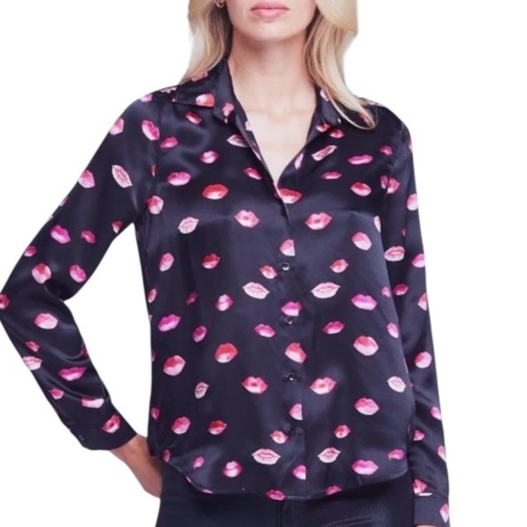NWT L'AGENCE Tyler Holly Lip Print Long-Sleeve Silk Button Down Shirt - Size XS - Picture 8 of 16